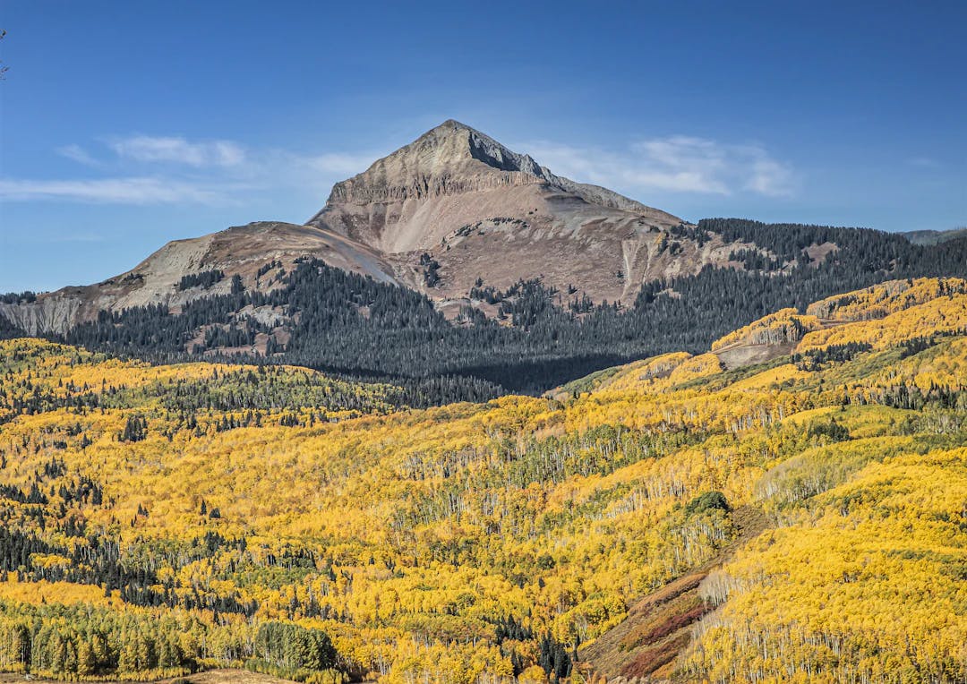 a view of a mountain with yellow trees in the foreground