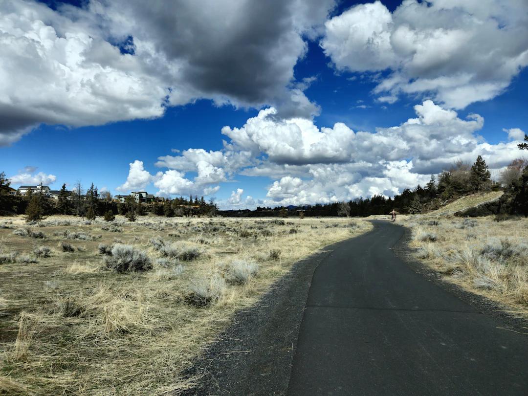 a wide open field with a road in the middle of it