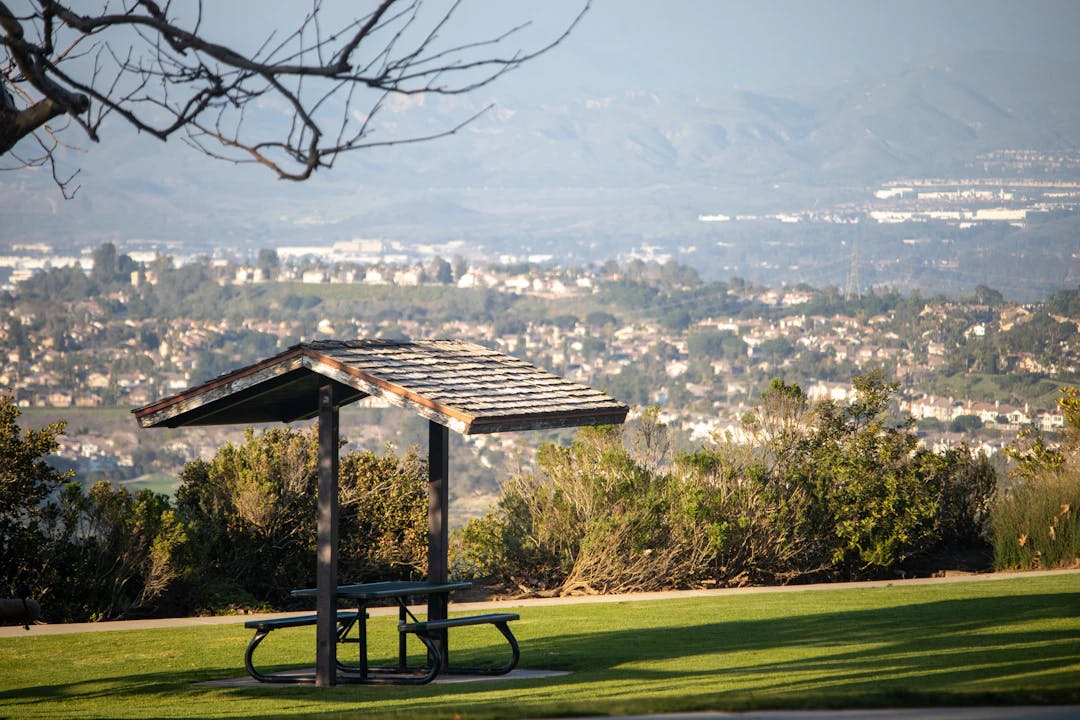 a park bench with a view of a city in the background