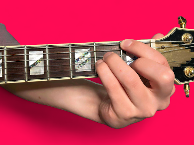 A minor over F guitar chord with finger positions