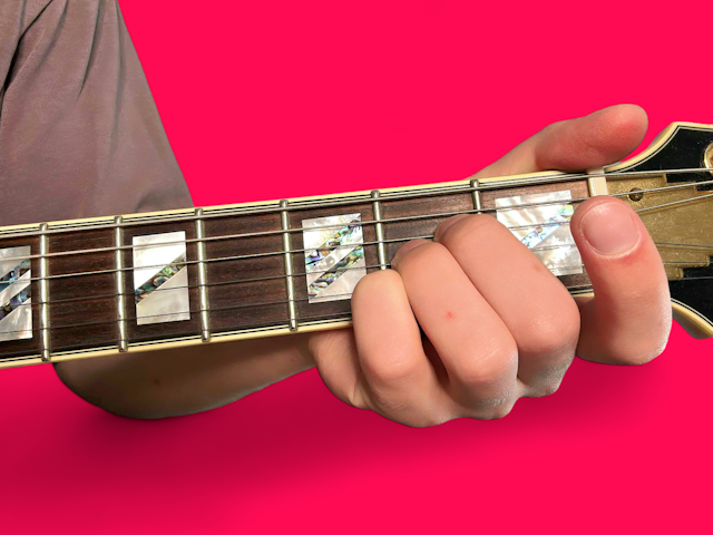 A major over E guitar chord with finger positions